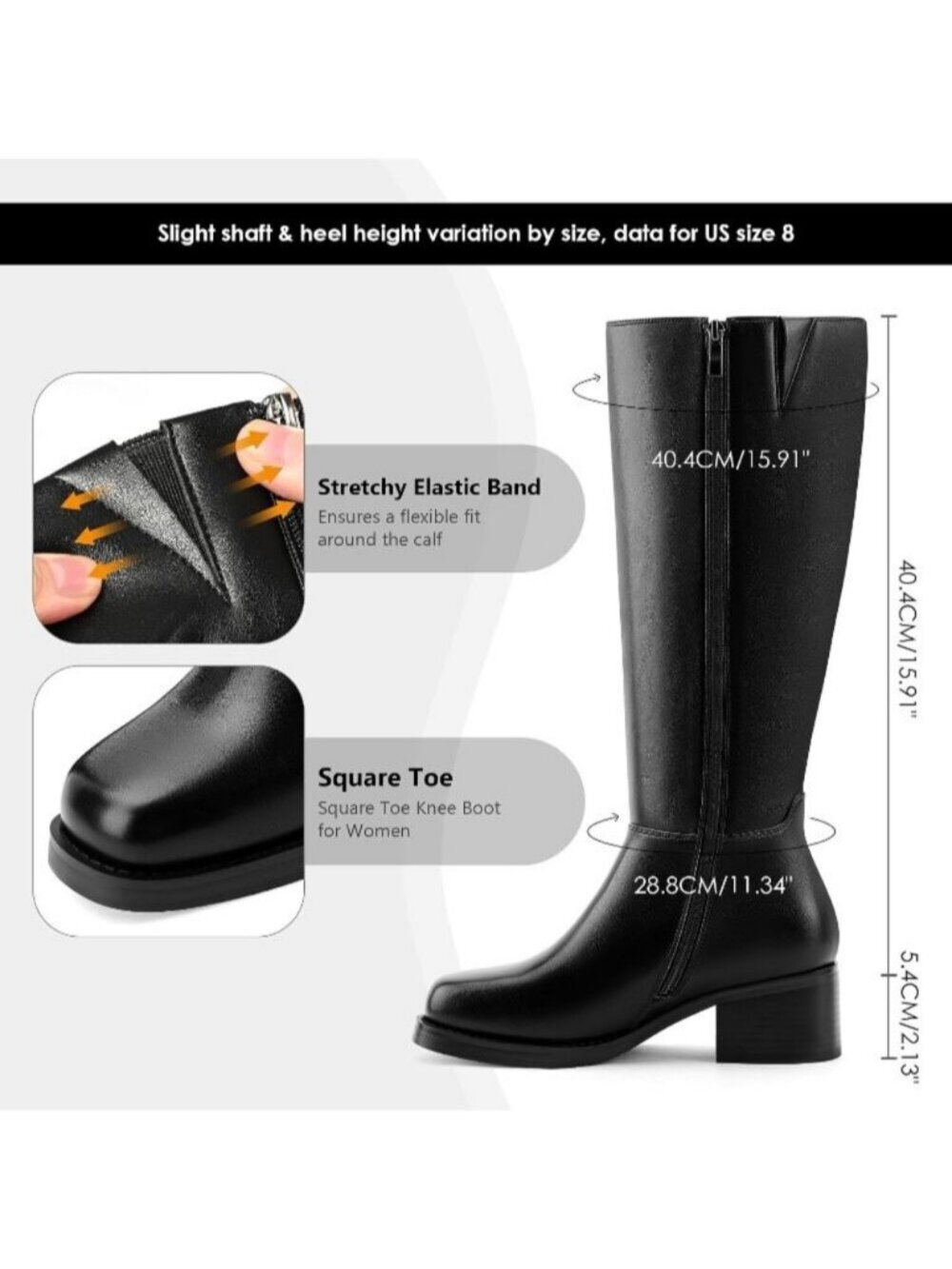 Women's Black Knee High Boots Square Toe Platform Chunky Low Heel Tall Boots - Picture 4 of 6